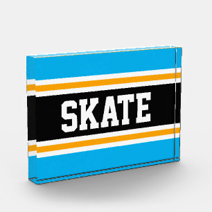 SKATE Fun Athletic Sky Blue Black Orange Stripes Photo Block