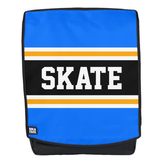 SKATE Fun Bold Athletic Bright Blue Black Stripes Backpack (Front)