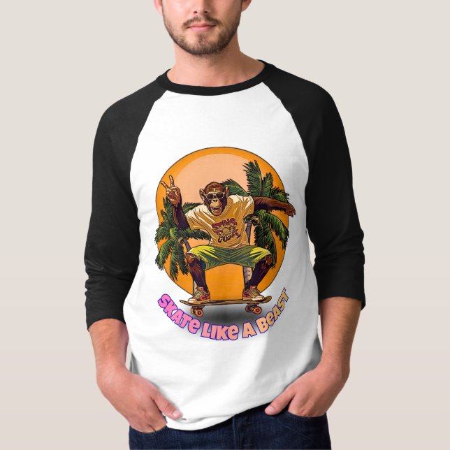 Skate Like a Beast Cool Chimpanzee Skater Design T-Shirt (Front)