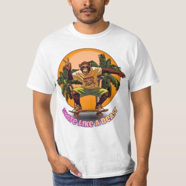 Skate Like a Beast Cool Chimpanzee Skater Design T-Shirt (Front)