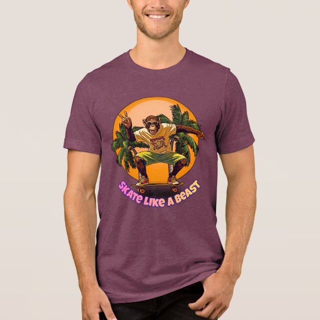 Skate Like a Beast Cool Chimpanzee Skater Design Tri-Blend Shirt (Front)