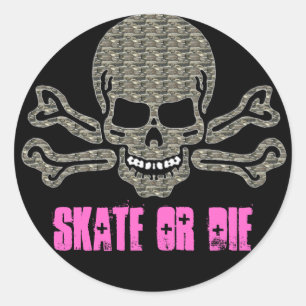 skate or die rock textured skull classic round sticker