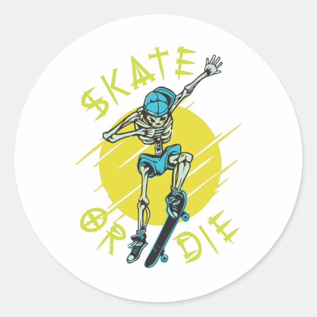 Skate or die Skeleton Skateboarder Classic Round Sticker (Front)