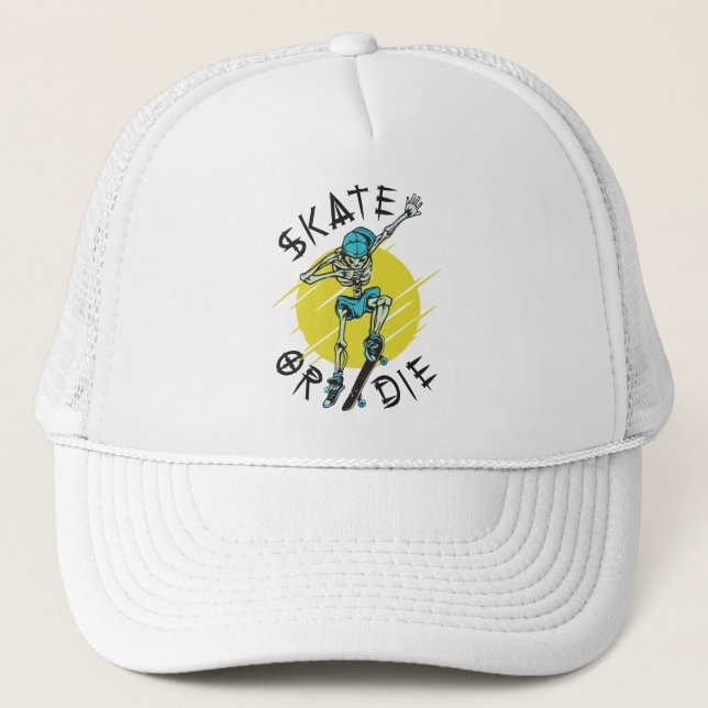 Skate or die Skeleton Skateboarder Trucker Hat (Front)