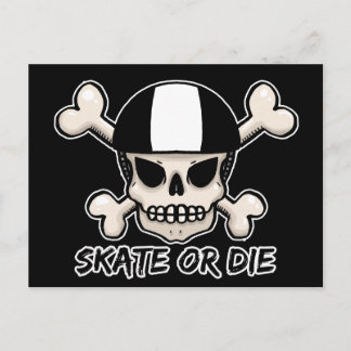 Skate or die skull and crossbones postcard