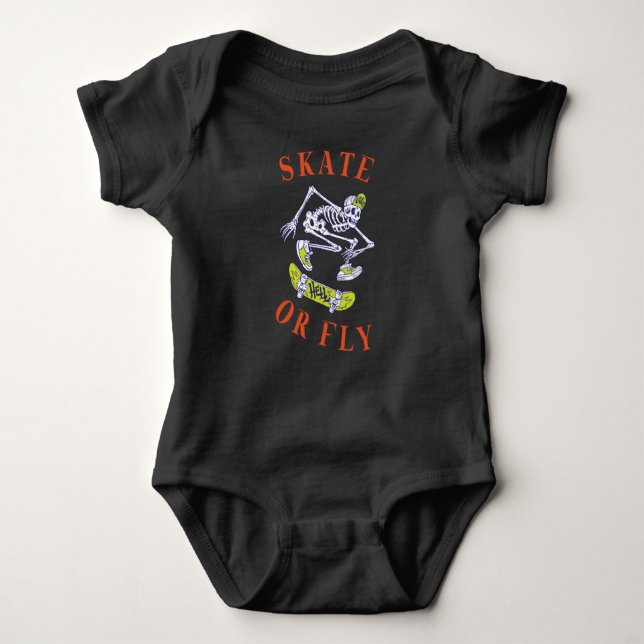 Skate or Fly Skeleton Skateboarder Baby Bodysuit (Front)