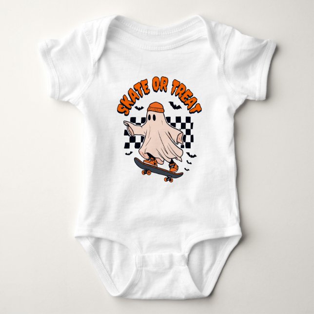 Skate or Treat Ghost Halloween Baby Bodysuit (Front)