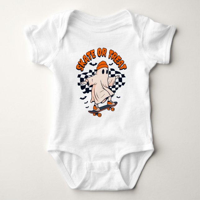 Skate or Treat Ghost Halloween Baby Bodysuit (Front)