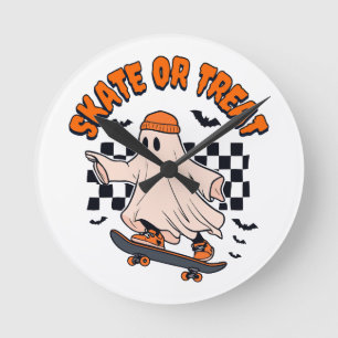 Skate or Treat Ghost Halloween Round Clock