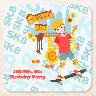 Skate Park Fun Boy Birthday Party Square Paper Coaster