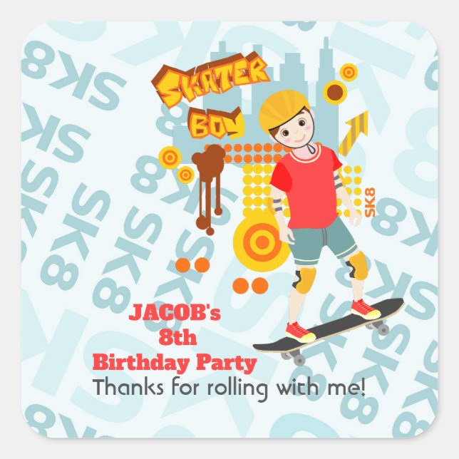 Skate Park Fun Boy Birthday Party Square Sticker (Front)