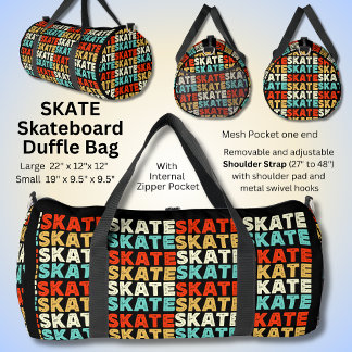 SKATE repeated for Skateboarder on Black Duffle Bag