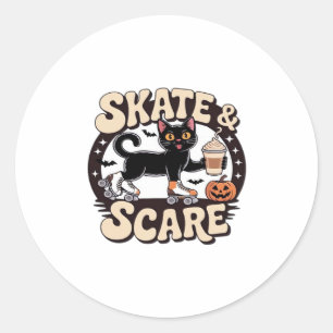 Skate & Scare – Cute Black Cat Roller Skating Over Classic Round Sticker