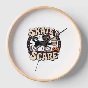 Skate & Scare – Cute Black Cat Roller Skating Over Clock