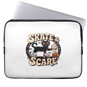 Skate & Scare – Cute Black Cat Roller Skating Over Laptop Sleeve
