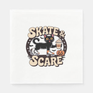 Skate & Scare – Cute Black Cat Roller Skating Over Napkin