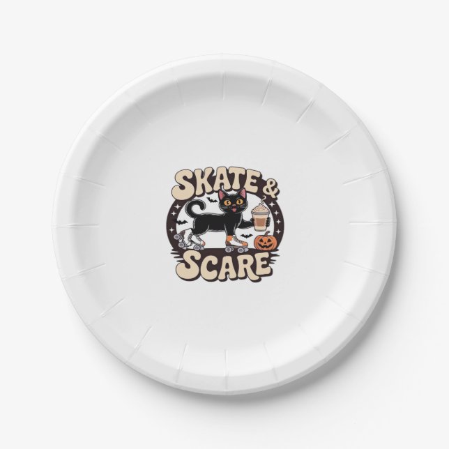Skate & Scare – Cute Black Cat Roller Skating Over Paper Plate (Front)