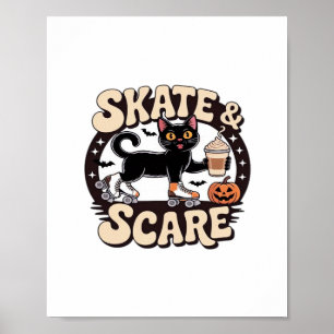 Skate & Scare – Cute Black Cat Roller Skating Over Poster