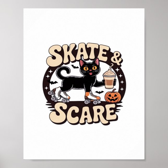Skate & Scare – Cute Black Cat Roller Skating Over Poster (Front)