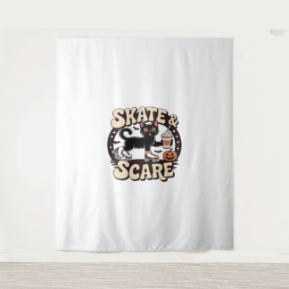 Skate & Scare – Cute Black Cat Roller Skating Over Tapestry