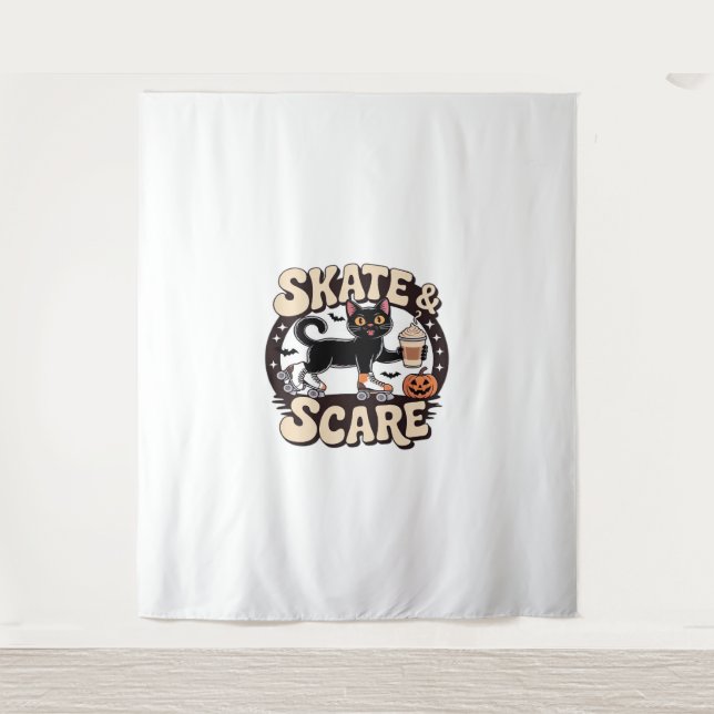 Skate & Scare – Cute Black Cat Roller Skating Over Tapestry (Front)