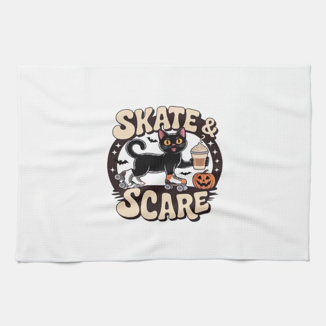 Skate & Scare � Cute Black Cat Roller Skating Over Tea Towel (Horizontal)