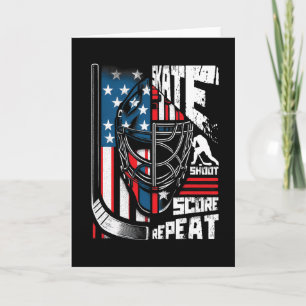 Skate Shoot Score Repeat Ice Hockey American Flag Card