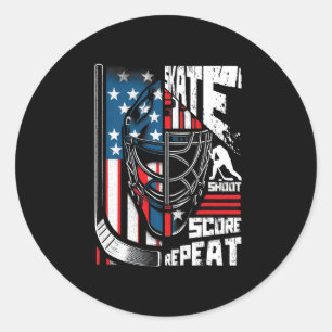Skate Shoot Score Repeat Ice Hockey American Flag Classic Round Sticker