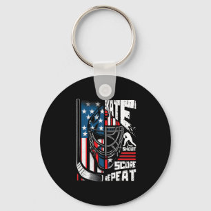 Skate Shoot Score Repeat Ice Hockey American Flag Key Ring