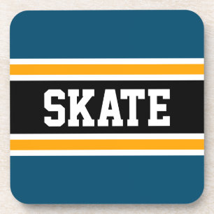 SKATE Sporty Yellow Black Teal Blue Hockey Stripes Coaster