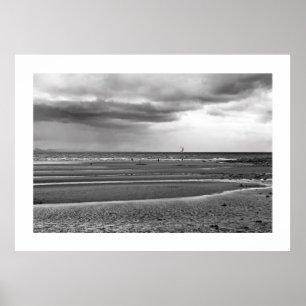 Skate surfing at the beach black and white poster