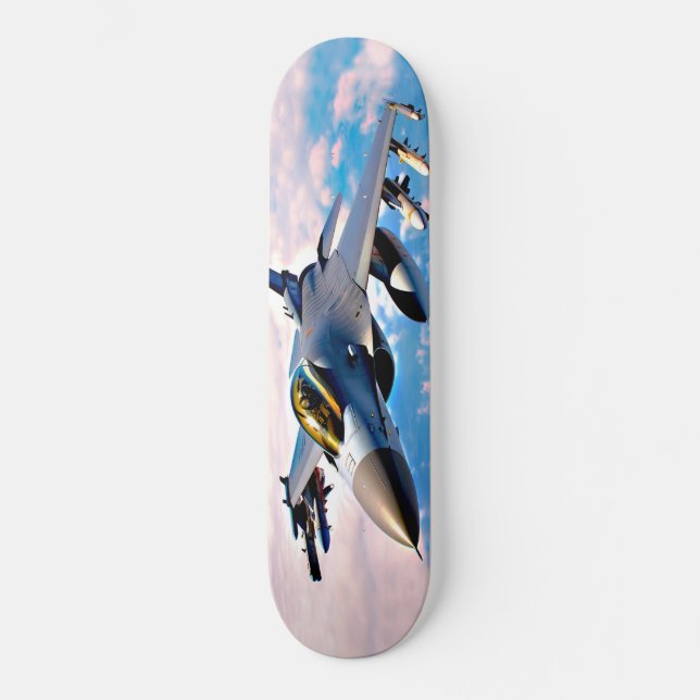 Skateboard Art of F-16  flying above the clouds (Front)