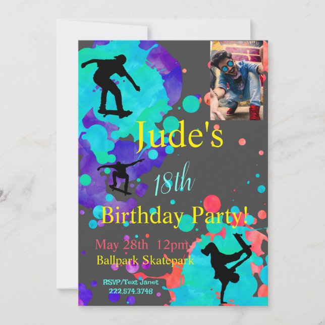Skateboard Birthday Photo Invitation Any Age (Front)