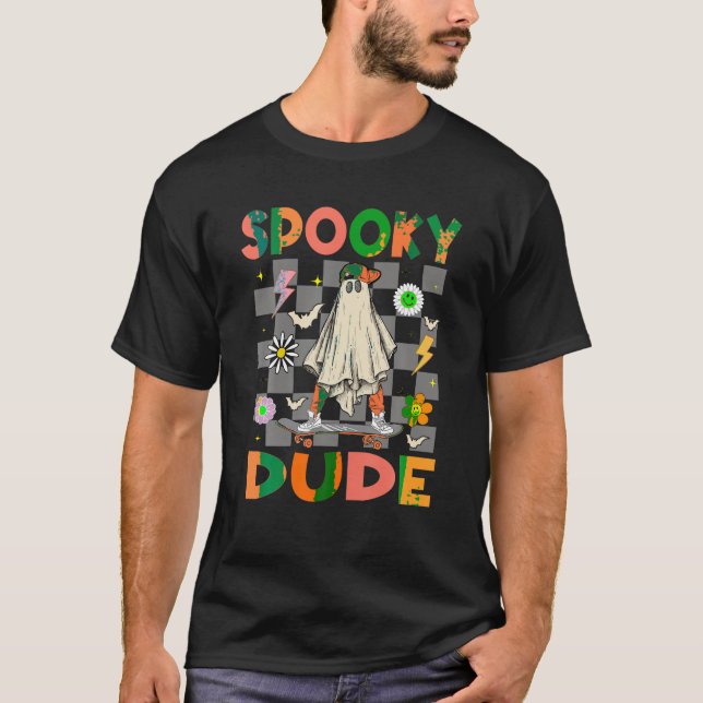 Skateboard Boo Ghost Spooky Dude Hippie Halloween  T-Shirt (Front)