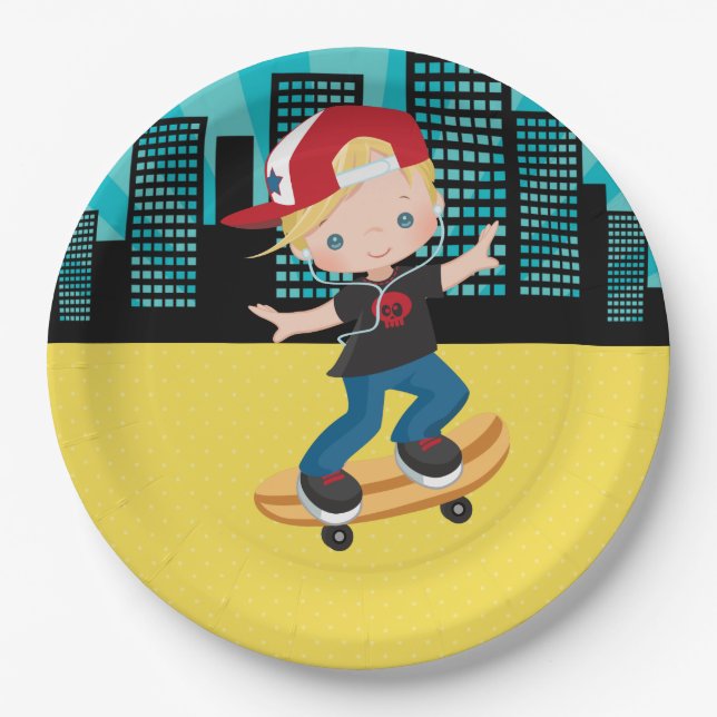 Skateboard boy - choose your background colour paper plate (Front)