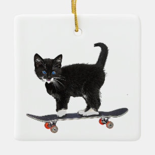 skateboard Cat Ceramic Ornament