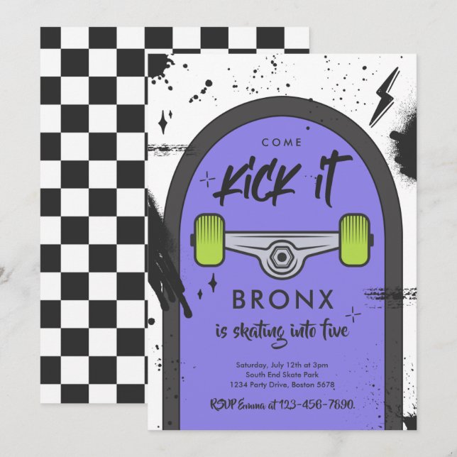 Skateboard Come Kick It Urban Sport Birthday Party Invitation (Front/Back)