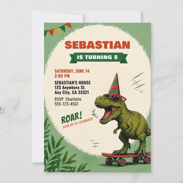 Skateboard Dinosaur Birthday Invitation (Front)