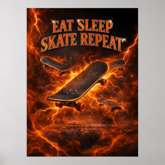 Skateboard Fire Street Glow Poster