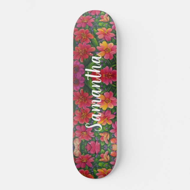 Skateboard Girly Pattern red orange Floral flowers (Front)