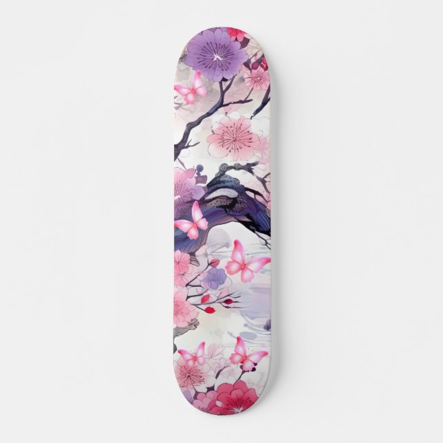 Skateboard Japanese Cherry Blossom & Butterflies (Front)