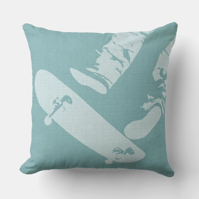Skateboard Jump - Mint & Off White Throw Pillow (Front)