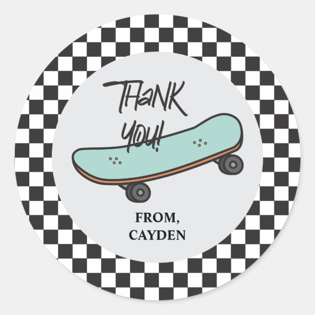 Skateboard Let's Kick It Birthday Thank You Favour Classic Round Sticker (Front)