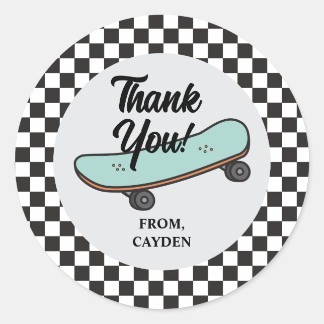 Skateboard Let's Kick It Birthday Thank You Favour Classic Round Sticker (Front)