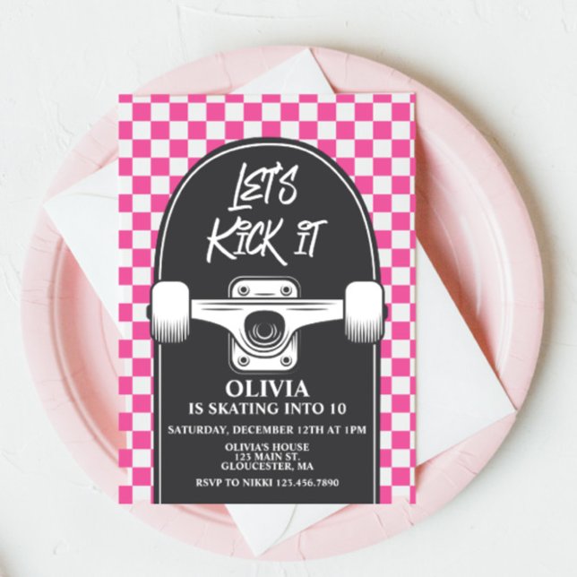 Skateboard Let's Kick It PINK Birthday Invitation (Creator Uploaded)