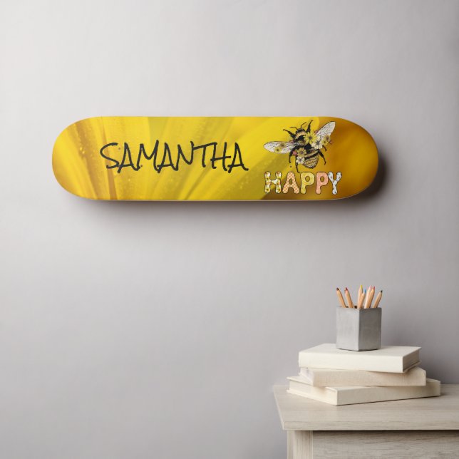 Skateboard Personalised Yellow Bee Happy (Wall Art (Horz))