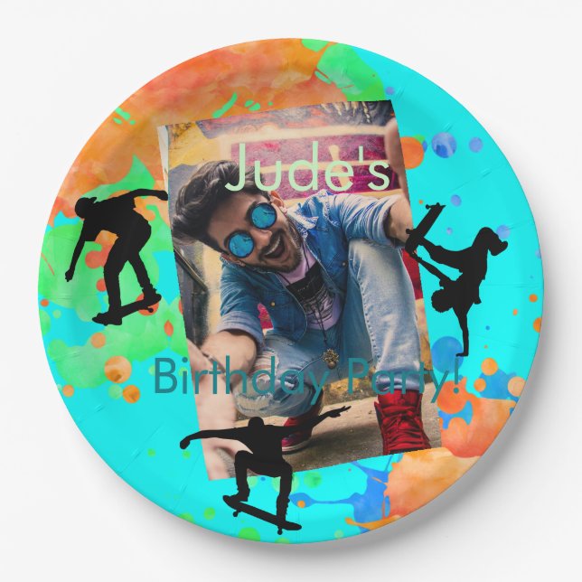 Skateboard Photo Birthday, Party Paper Plates (Front)