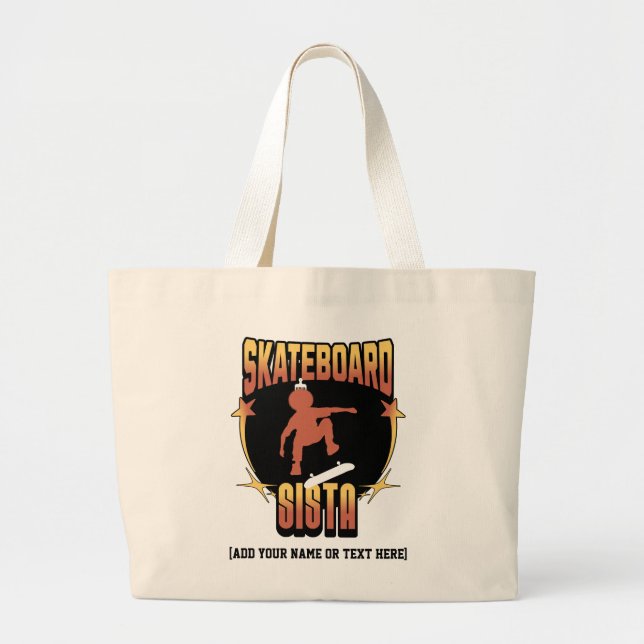 SKATEBOARD SISTA Afro Skateboarding Custom Name Large Tote Bag (Front)