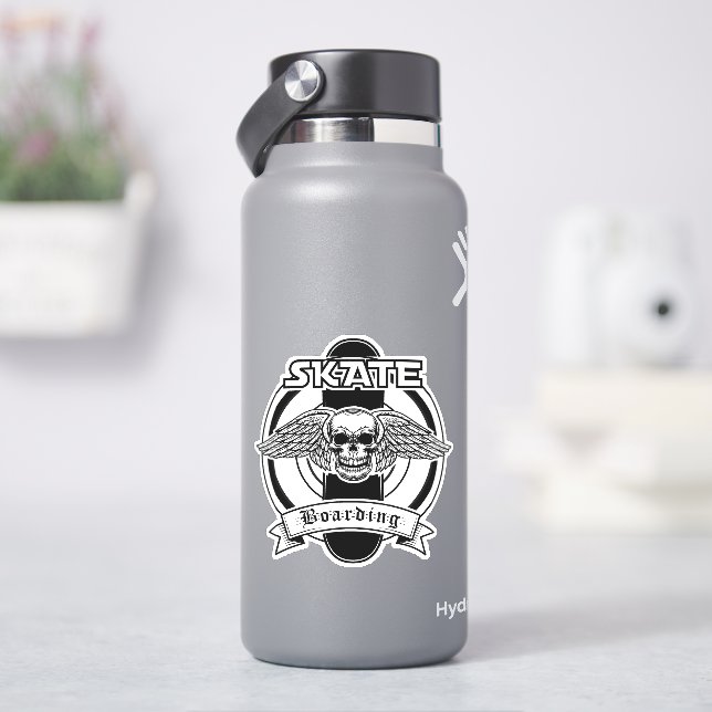 Skateboard Skull Black White 4" Kiss Cut Vinyl  (HydroFlask)