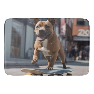 Skateboard Stunt: A Staffy on the Move Bath Mat